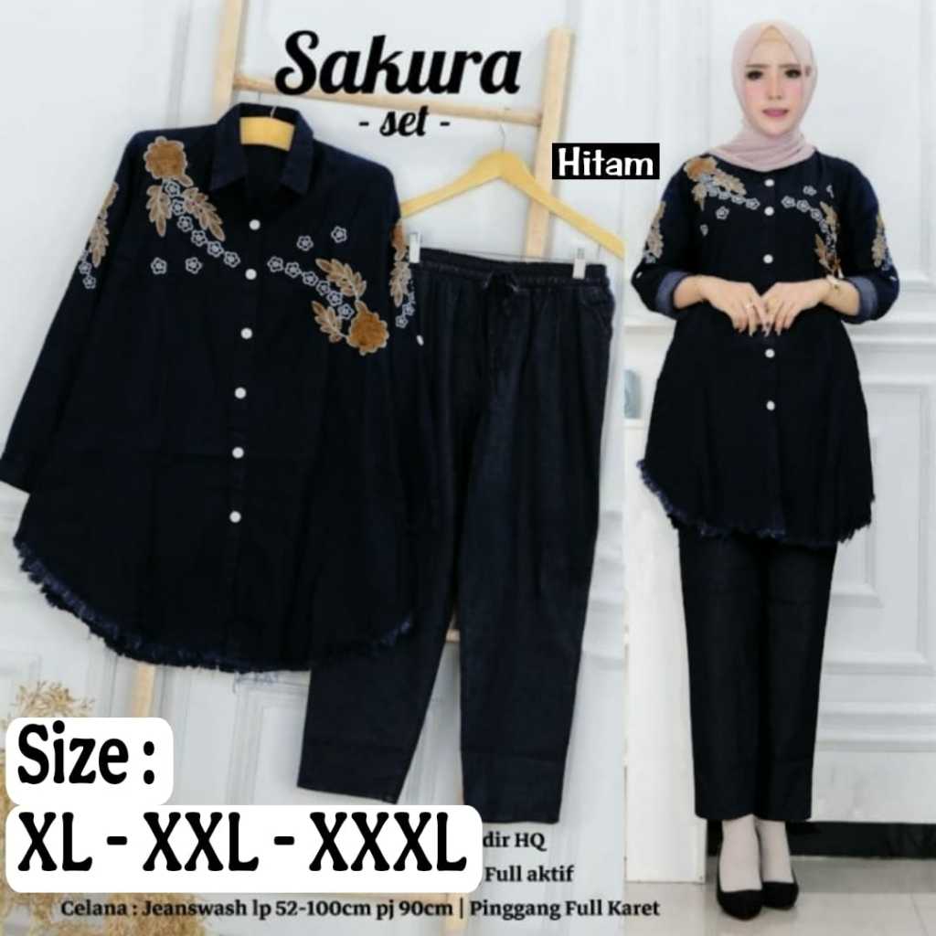 SAKURA SET JEANS Pakaian Wanita One Set Kekinian BB 50 - 100 KG LD 110 LD 120 LD 130 Perempuan