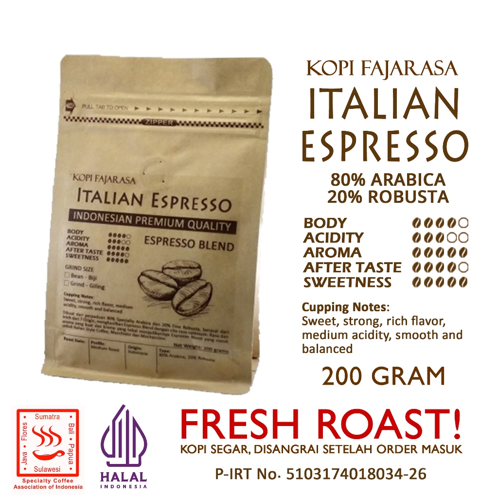 

Kopi Fajarasa Italian Espresso Biji Kopi Espresso Blend 200 gram