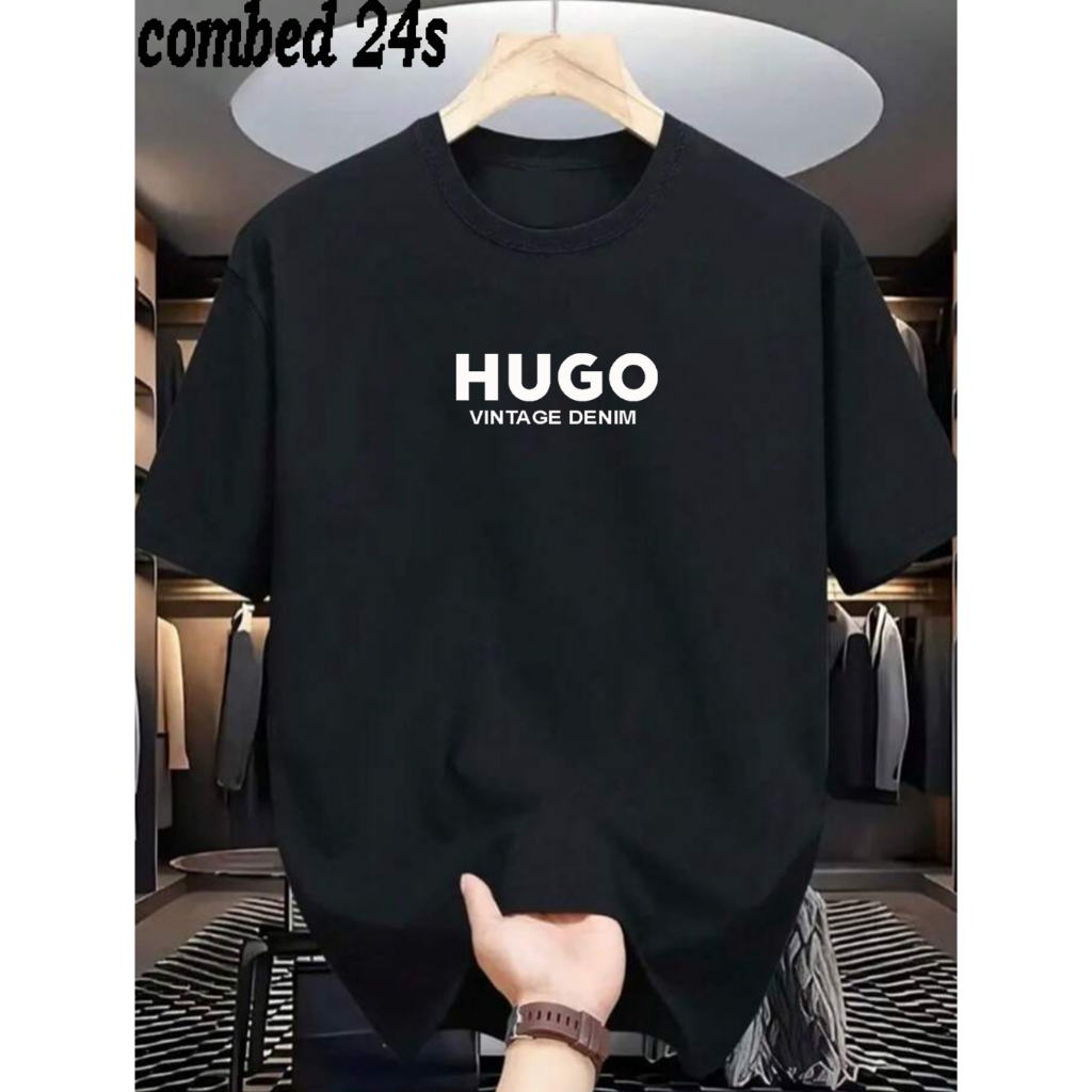 Kaos Distro Hugo Text Putih Kaos Pria Kekinian Kaos Distro T-Shirt Pria Kaos Distro Pria 100% Cotton