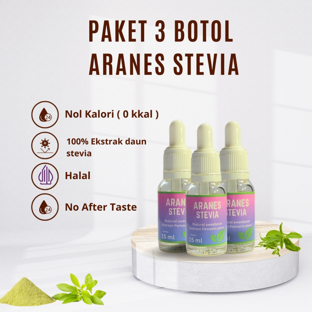 

Terlaris Paket 3 Botol Aranes Stevia Pemanis Alami Pengganti Gula Cair Tetes Stevia Sweetener 0 Kalori 0 Gula