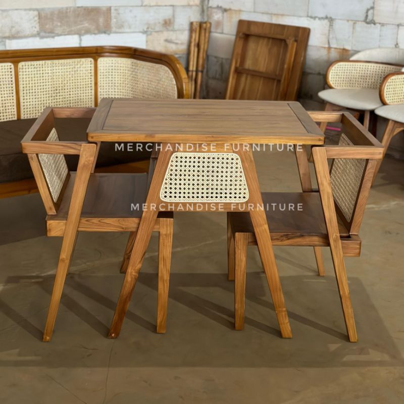 Set Meja Makan Kursi Unik Jati Mix Rotan Model Terbaru Multifungsi - Meja Cafe Couple - Kursi Cafe R