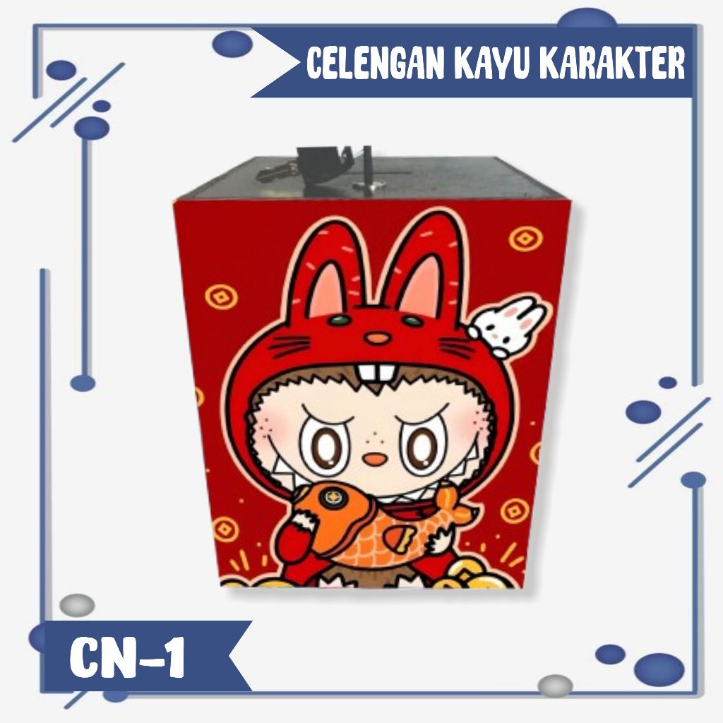 CELENGAN LABUBU KARAKTER LUCU/ KOTAK TABUNGAN KAYU GEMBOK KUNCI UNIK