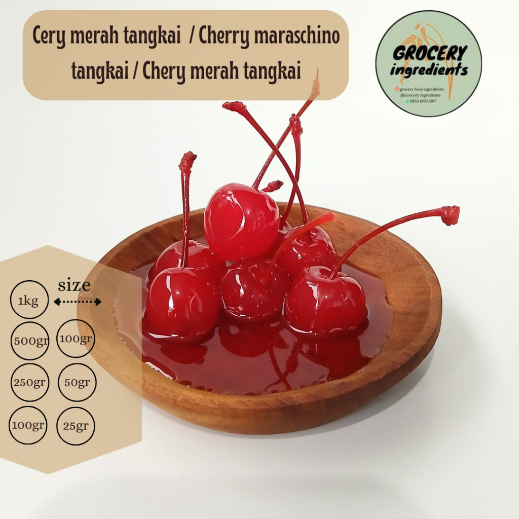 

Cery merah tangkai 250 gram / Cherry maraschino tangkai / Chery merah tangka
