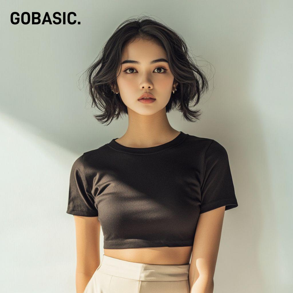 GOBASIC - Kaos Crop Top Wanita Lengan Pendek Kaos Crop Top Polos Cewek Premium Hitam Putih