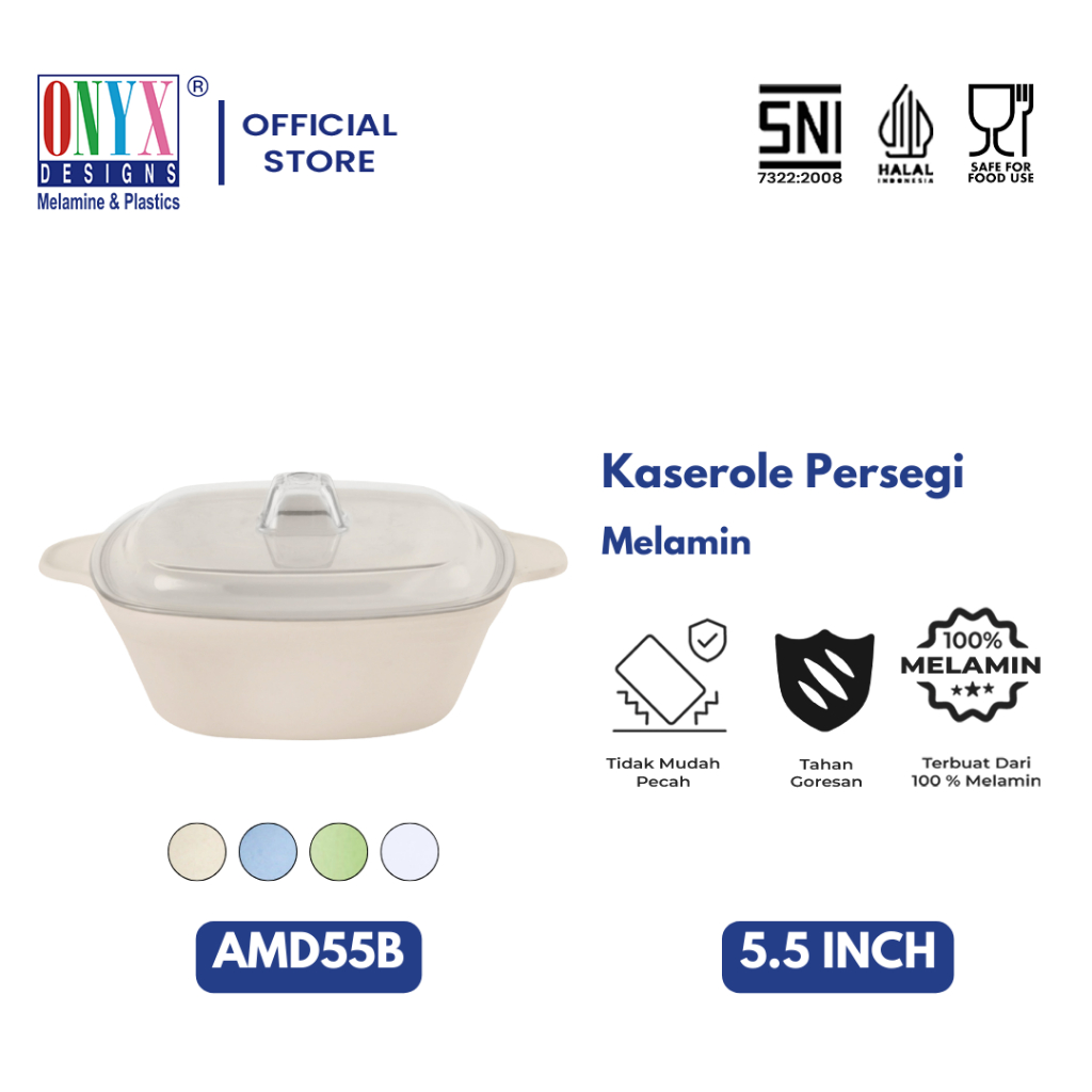 Onyx, Wadah Saji Kecil Persegi 5.5" + Tutup [Low]: Melamin, Aman untuk Makanan, Halal, AMD55B Polos
