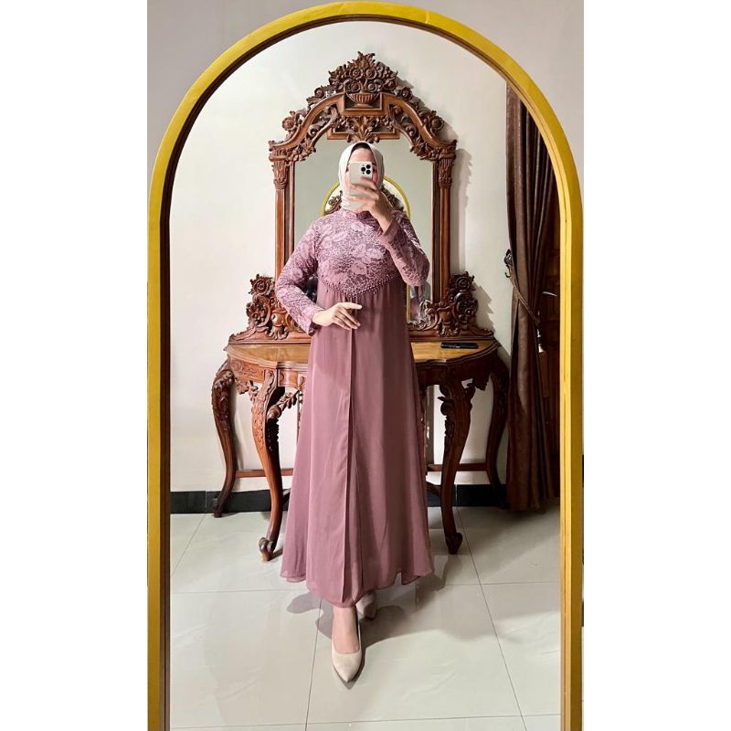 gamis ceruty mix brokat payet mutiara/gamis mewah untuk lebaran/gamis wanita elegan/gamis pesta mewa
