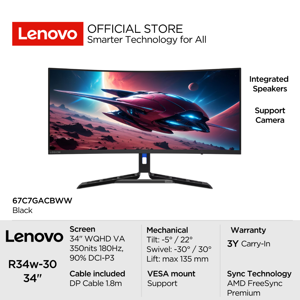 Lenovo Gaming Monitor R34w-30 WLED Ultra-Wide Curve 1500R 67C7GACBWW 34" WQHD VA Overlock to 180Hz 3