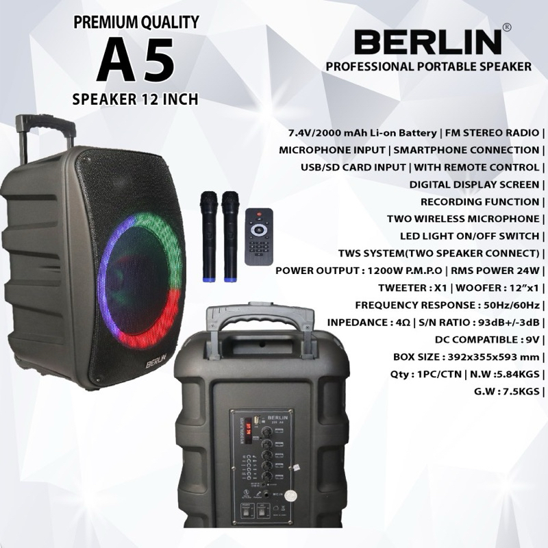 Speaker Aktif Portable Wireless Professional 12 Inch BERLIN 238 / A5 | Bluetooth, USB, Meeting, Kara