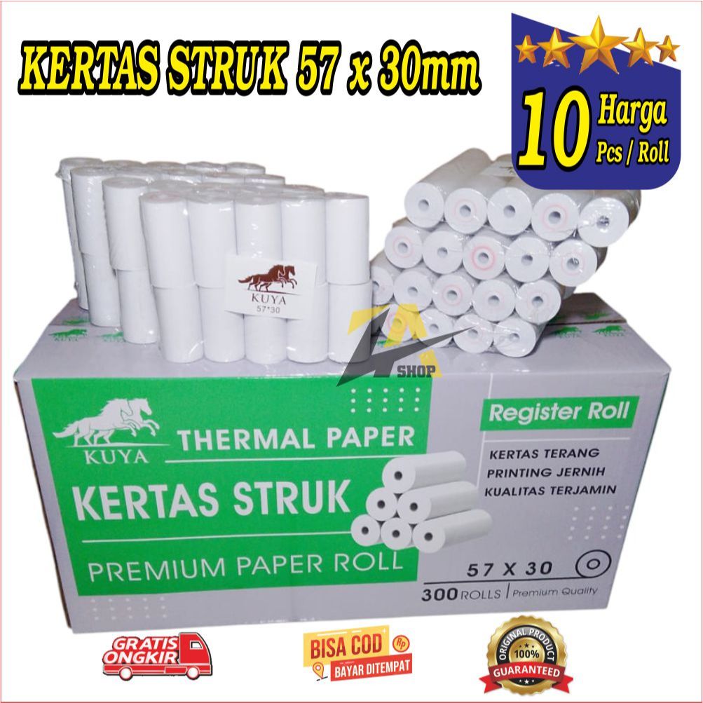 

KERTAS KASIR KUYA 57x30, Kertas Kasir Struk Paper Roll Termal 57x30m, KERTAS STRUK THERMAL EDC 57x30