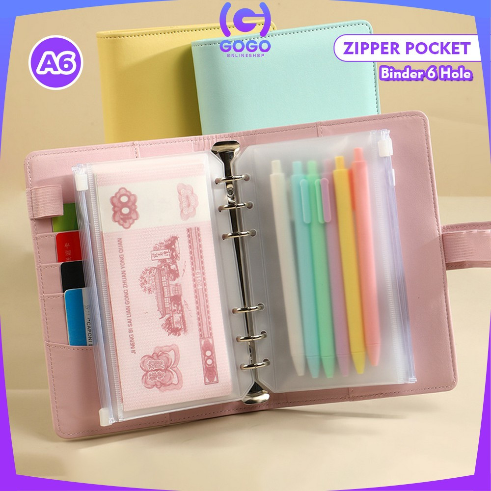 

GOGO-C1105 Zipper Pocket Binder A6 Transparan 6 Hole / Transparent Hand Book Bags Ziplock A6 Pouch Tempat Uang