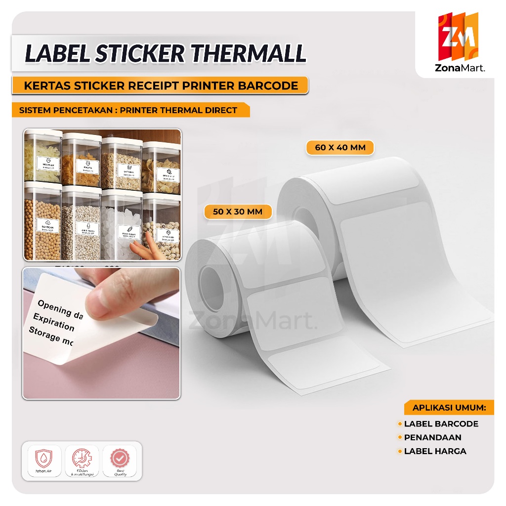 

Label Thermal 50x30mm - 50x30 & 60X40mm (1 LINE) Kertas Sticker Receipt Printer Barcode 60X40mm isi 500 pcs