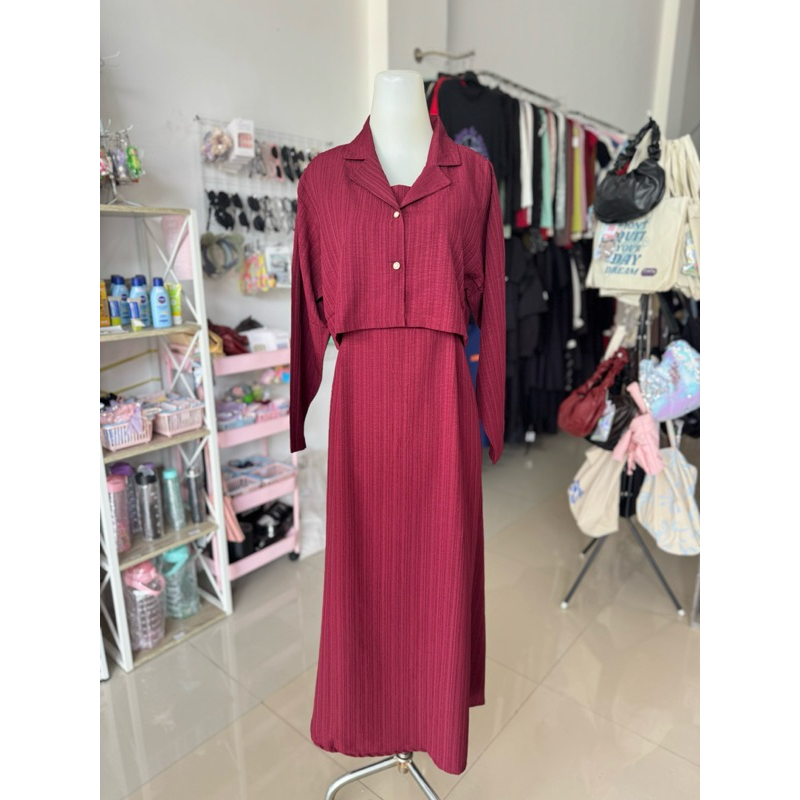 Dress Set Outer Lengan Panjang | Dress Panjang Lengan Panjang | Gamis Maroon ready stock