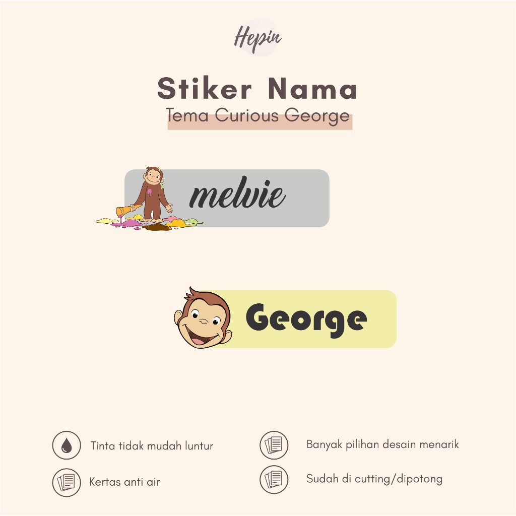 

(90 - 120 pcs) Stiker Cutting nama CURIOS GEORGE/ Stiker Nama Anak Murah / Label Nama Custom