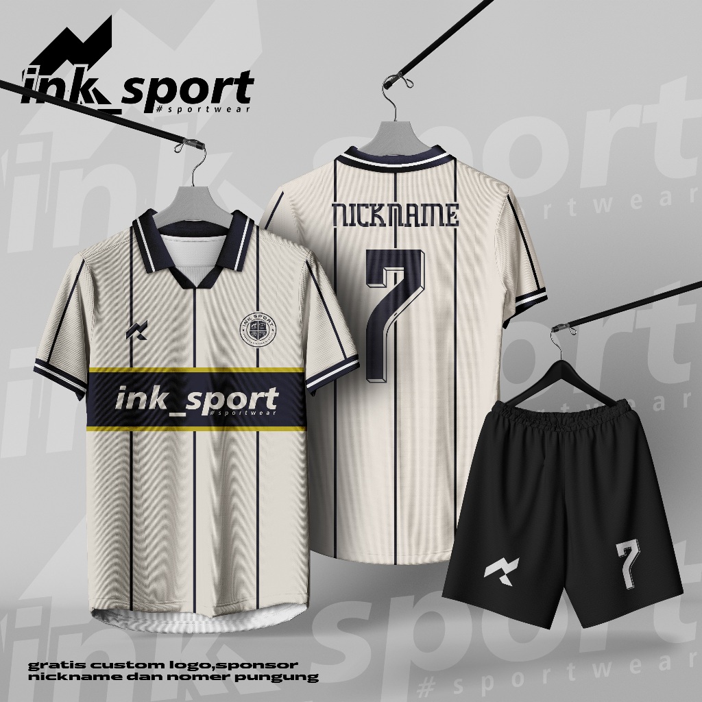 Jersey Futsal dan Jersey Sepak Bola Vintage Kerah Wangky Cream Hitam Setelan Full Printing, Free Cus