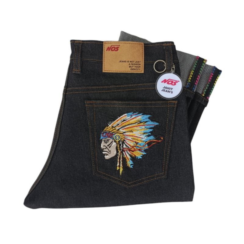 (READY SIZE 26 S/D 50 ) RAW DENIM SELVEDGE RAINBOW APACHE PREMIUM BLACK 14 OZ