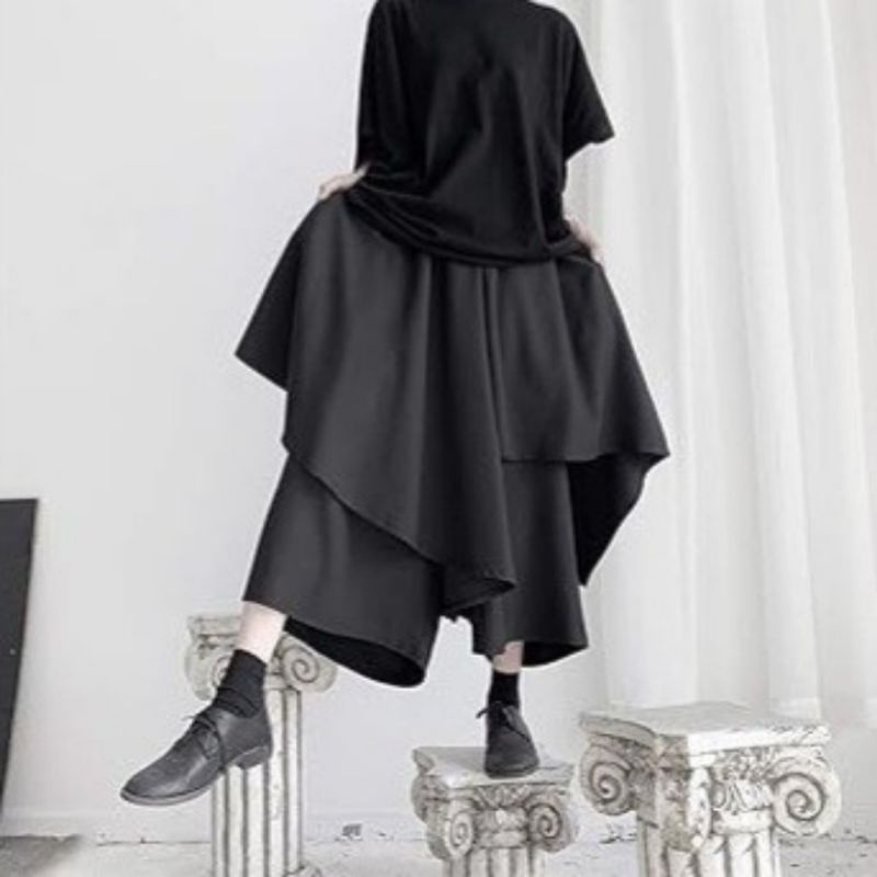 Japanesse Gothic Irregular Midi High-Waist Pleated Skirt Punk Skirt Rok Celana Harajuku Korea Midi