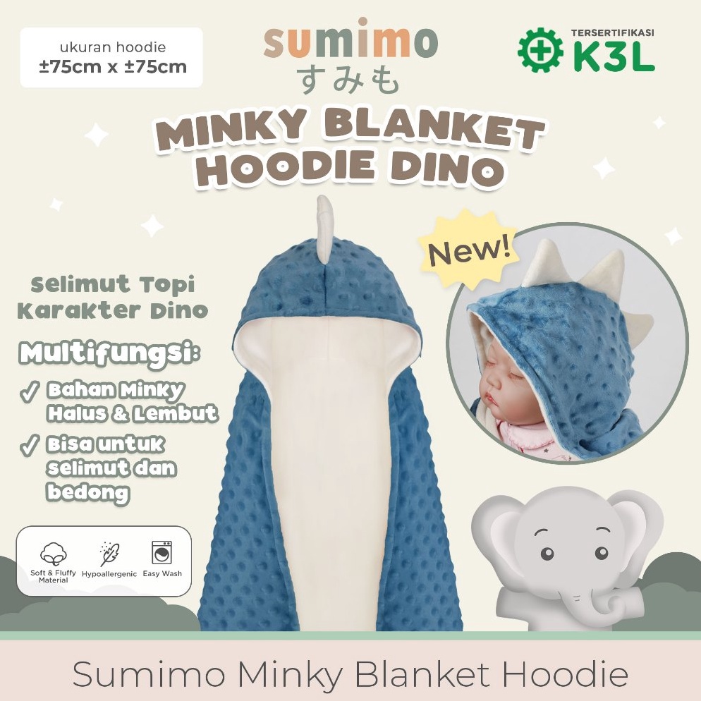 Stok terbatas Sumimo Minky Blanket Hoodie Dino River Blue Selimut Topi Dino Bahan Minky