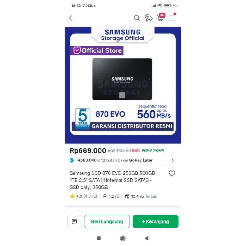 SSD SAMSUNG EVO 870 kapasitas 250GB ORIGINAL RESMI SAMSUNG