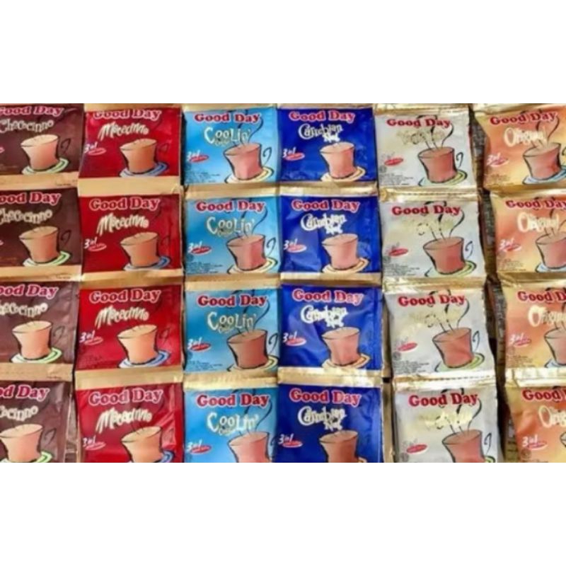 

GOOD DAY ALL VARIAN (VANILLA LATTE,MOCACINNO,ORIGINAL,CARREBIAN NUT,CHOCACINNO,COOLIN CAFFE)12×10×20 gr