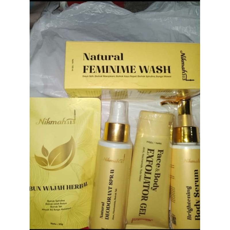 Paket Hemat (natural deodorant spray, natural feminim wash, sabun muka, expoliator gel, brightening 