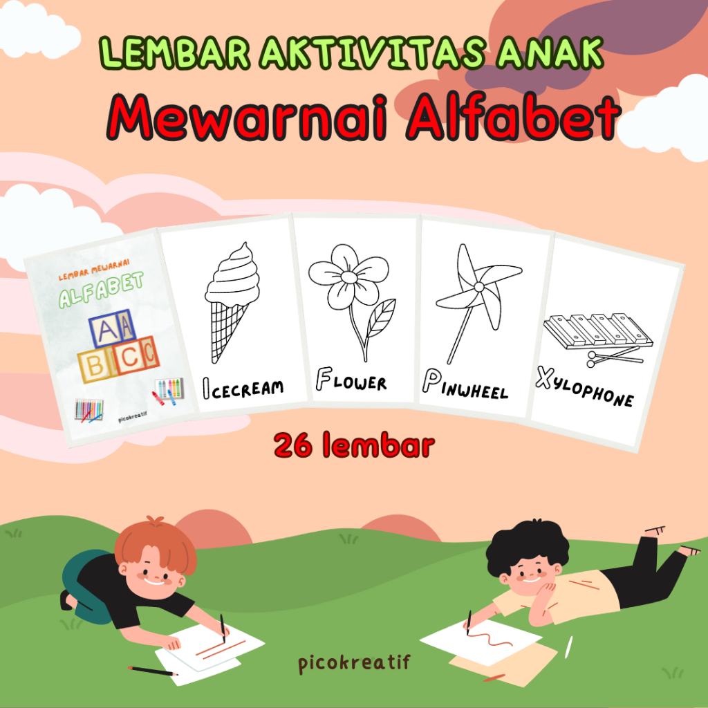 26 Lembar mewarnai Alfabet (coloring book alfabet)