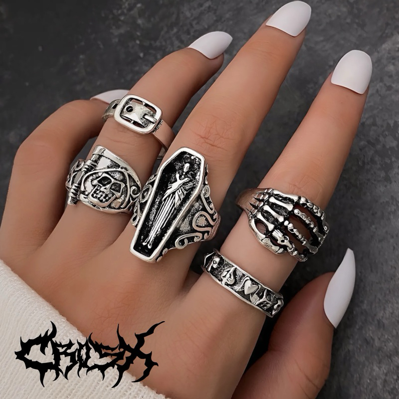 LAPS RING SET / 5PCS STAR CROSS HAND SKULL CHEST PEDANG SALIB BINTANG CINCIN HITAM SILVER / COUPLE R