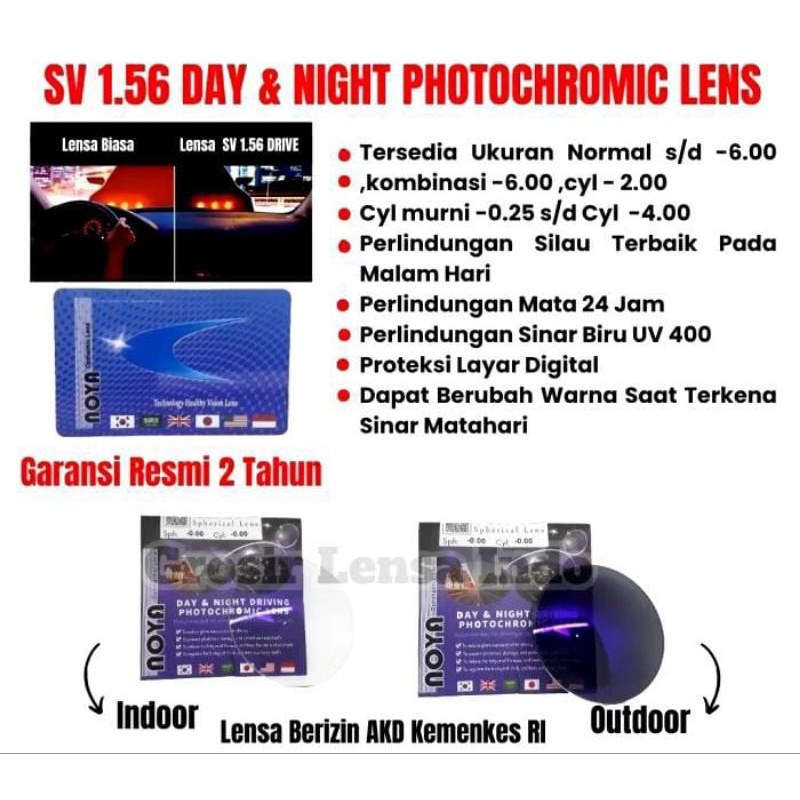 Lensa Kacamata NOYA SV 1.56 Bluecromic Day and Night Vision / Drive