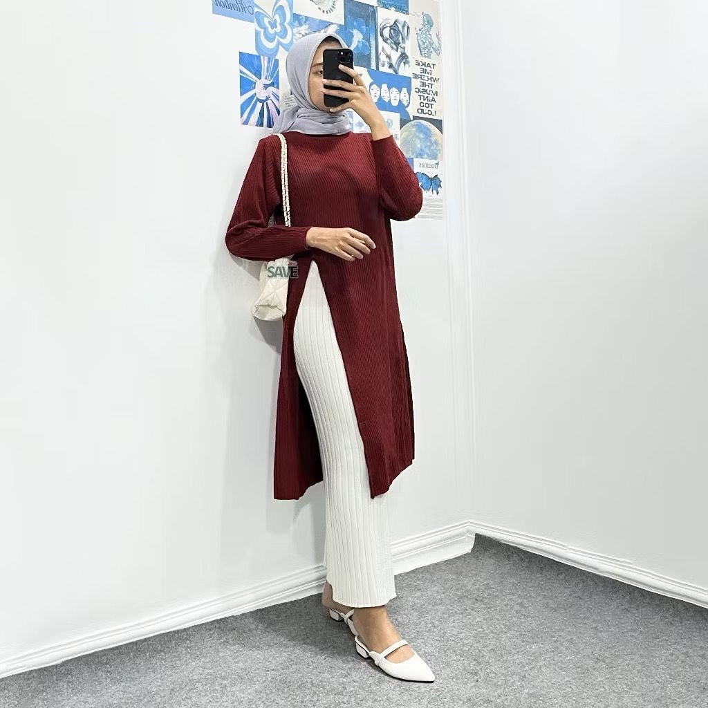 Ananda tunik knit rajut belah samping kiri  - atasan muslim wanita premium import acrilic