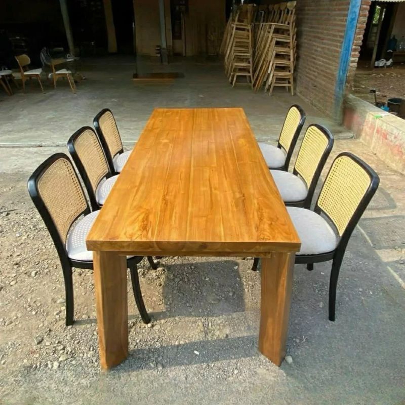 Meja Makan Minimalis Kursi 6 | Meja Makan Kursi Busa | Kursi Makan Sandaran Rotan
