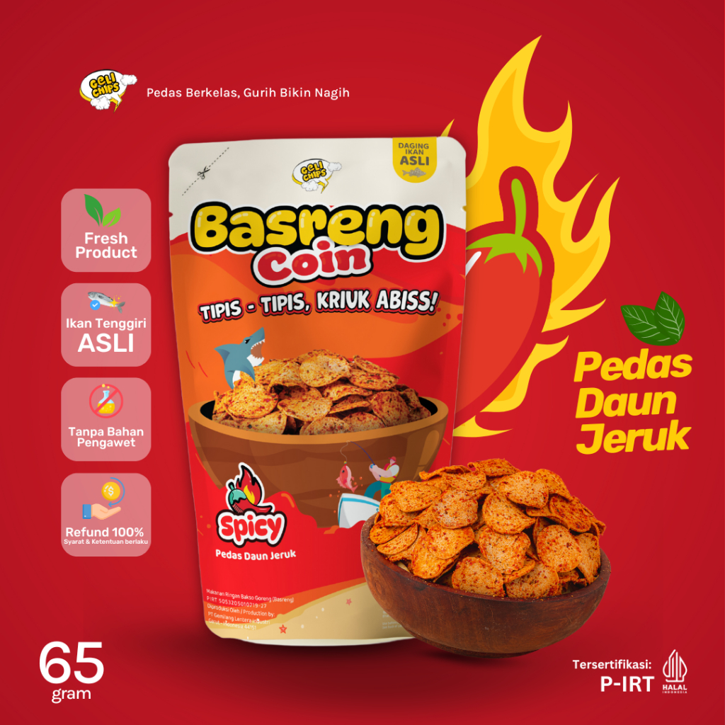 

GELICHIPS - Basreng Bulat Koin Spicy Gurih Pedas Tipis Kriuk 65gr