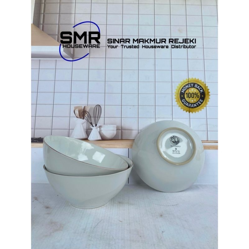 [ 3 PCS ] MANGKOK SUP BESAR KERAMIK PUTIH LIST EMAS UKURAN 6,2 INCHI 16 CM MERK SUNBIRD | MANGKOK BA
