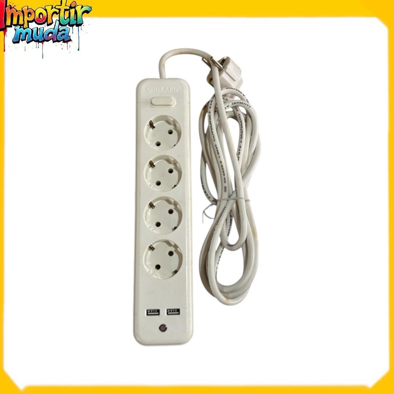Shukaku premium stop kontak kabel + saklar + 2 Colokan Usb 4 lubang 3 meter Tembaga Murni SKU 8234 L