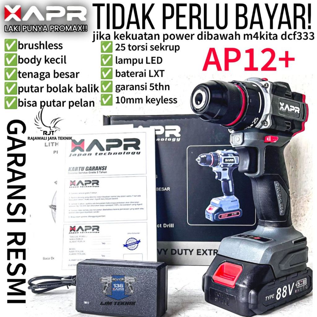 PROMO MERIAH AP12+ BOR CORDLESS APR Japan 88v 2batrai bor cordless bisa besi beton kayu