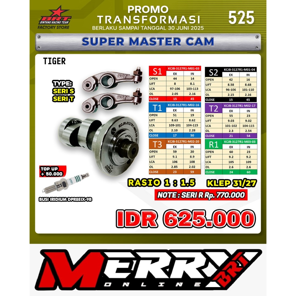 Promo 525 Super Master Cam BRT Klep Tiger GL Pro Megapro Primus CB Klep 31/27
