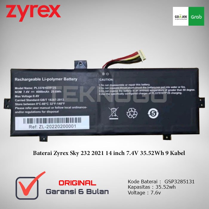 Baterai Original for Zyrex Sky 232 2021 14 inch 7.4V 35.52Wh 9 Kabel NV-3285128-2S