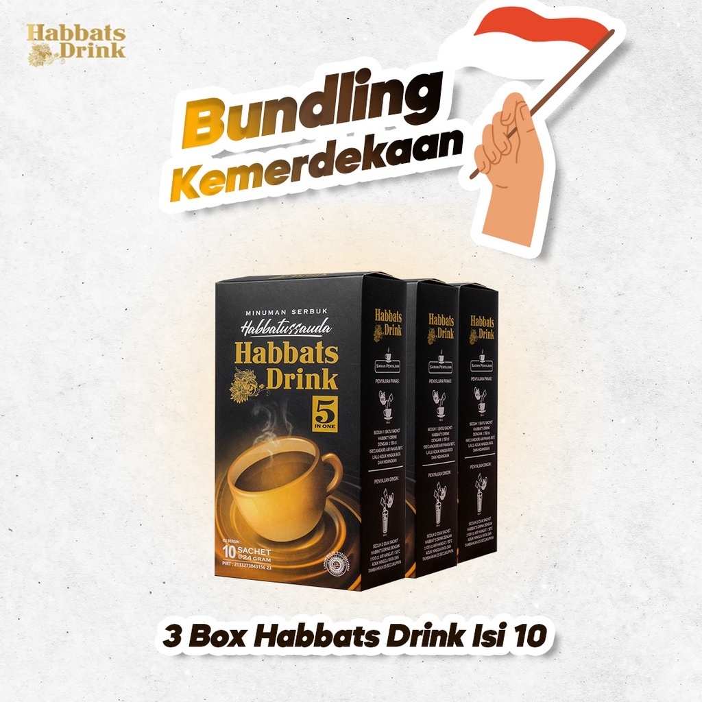 

Habbat Drink Minuman Herbal Habbatussauda Suplemen Kesehatan Tubuh Kemasan 10 Sachet (Paket 3 Box)