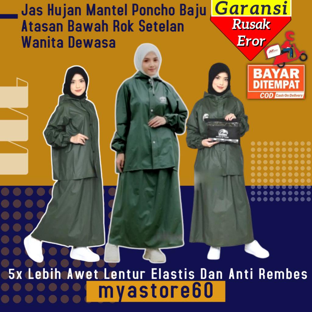 Jas Hujan Mantel Poncho Jas Hujan Warna HIjau Army Model Setelan Stelan Atas Dan Baju Bawahan Rok Wa