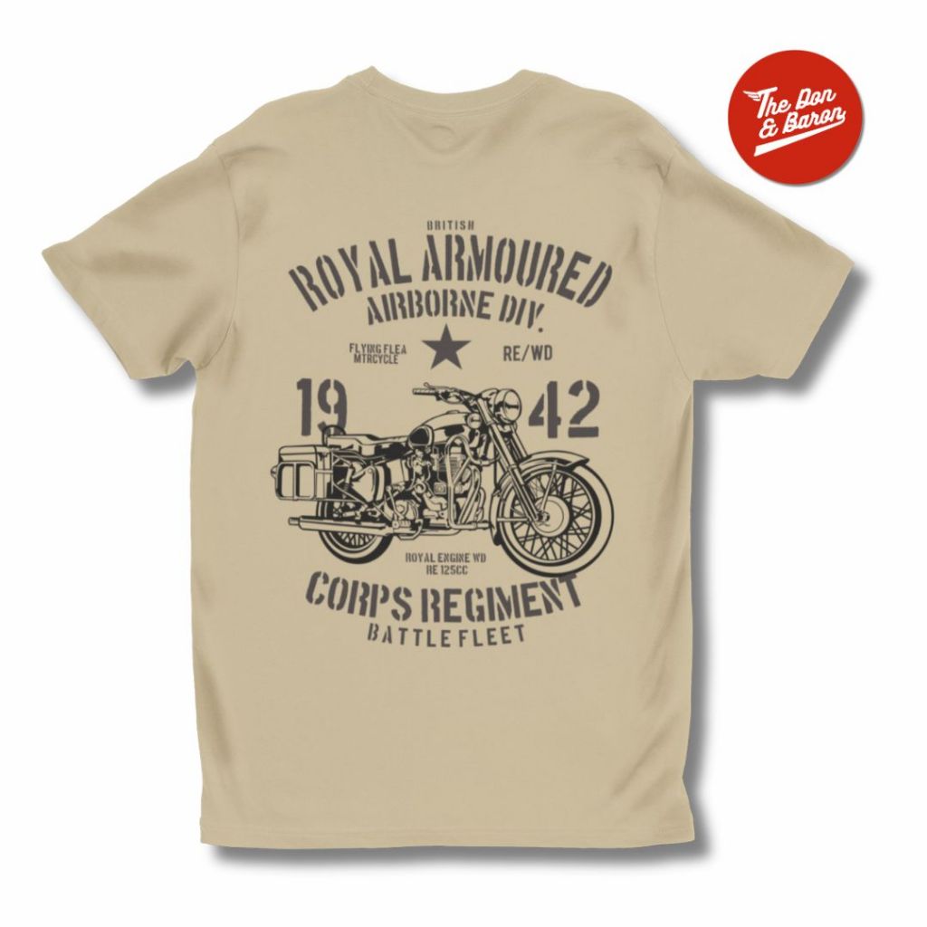 Kaos Vintage British Royal Armoured Flying Flea Motorcycle Army Sand