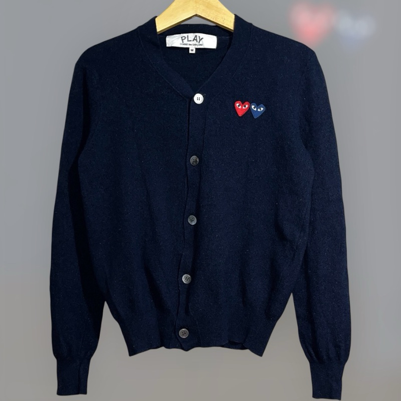 CDG PLAY CARDIGAN COMME DES GARCONS DOUBLE HEART NAVY M AUTHENTIC ORIGINAL PL