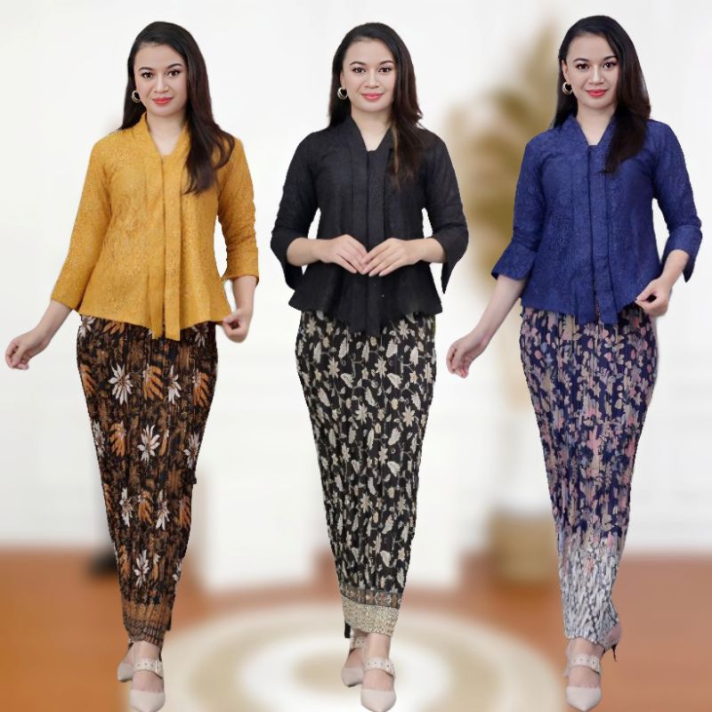 SETELAN KEBAYA FLOY BROKAT + ROK PLISKET BATIK BY QIANA / ATASAN KEBAYA WISUDA KARTINI MODERN / SET 