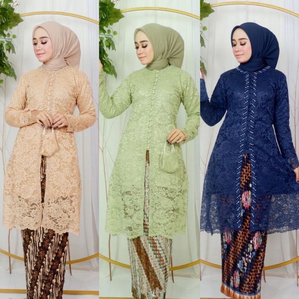 Setelan Kebaya Modern Tunik Brokat Kacing Seribu Payet Sage Green dan Lainnya