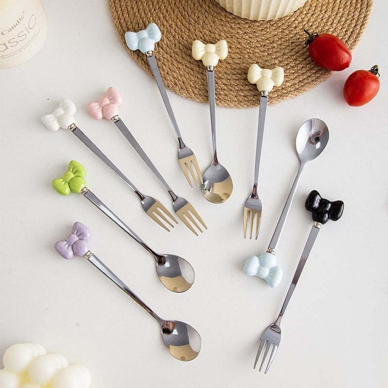 RB Set Sendok Garpu Pita Minnie Keramik Stainless Dessert Korea Cantik Peralatan Makan Estetik Lucu