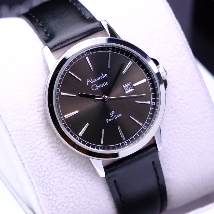 Alexandre Christie Wanita Terbaru Original Warna Silver Black - AC1014 Strap Kulit