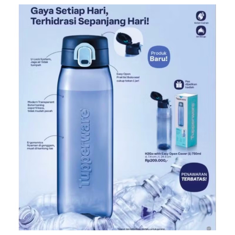 H2GO Biru 750ML Crystal Tupperware Botol Minum