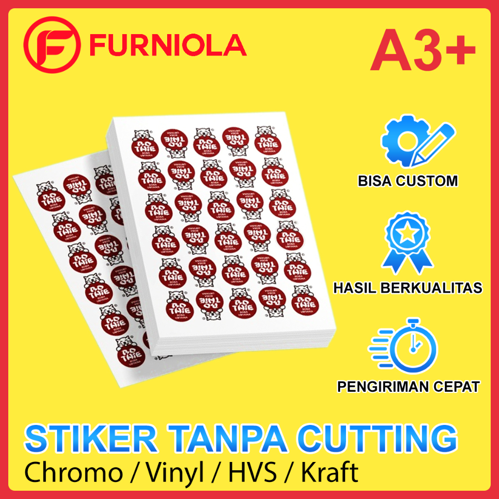 

Cetak Sticker Custom A3+ Tanpa Cutting / Print Stiker Non Cut Chromo Vinyl HVS Kraft / Cromo Kromo Vinil Craft Label Poster Merk Logo Promosi Promo Tempel Kemasan Produk Makanan Minuman Kendaraan Kertas A3 +