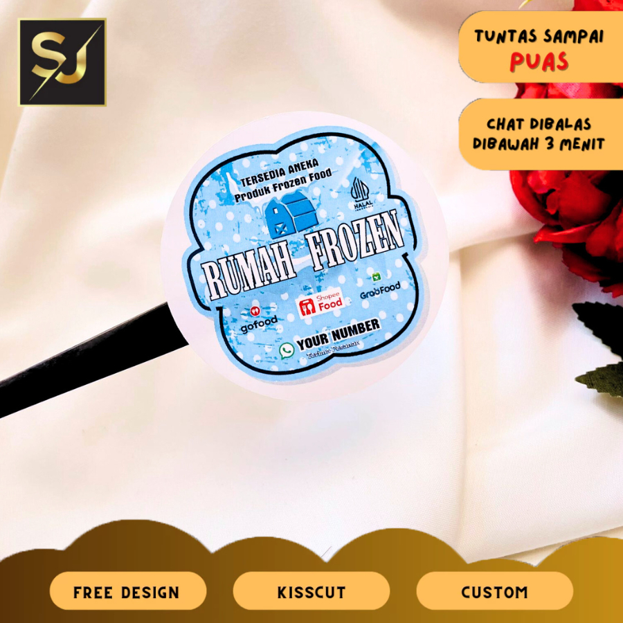 

9-15 Sticker Sangjaya Label Kemasan Vinyl Stiker Makanan Anti Air Beku Frozen Food Free Desain Brand