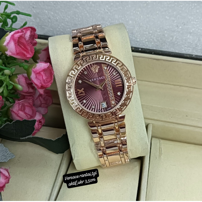 ( BISA COD ) Jam Tangan Wanita VERSACE Rantai Stainless Steel Tanggal Aktif Jam Tangan Fashion Cewek