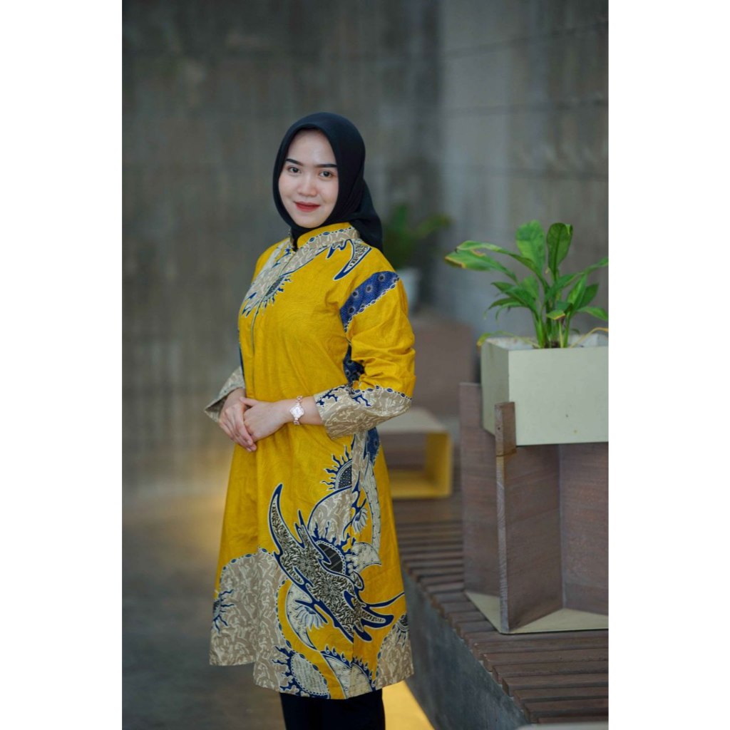 Batik Wanita Modern Tunik Safira Baju Batik Wanita Lengan Panjang Resleting Depan