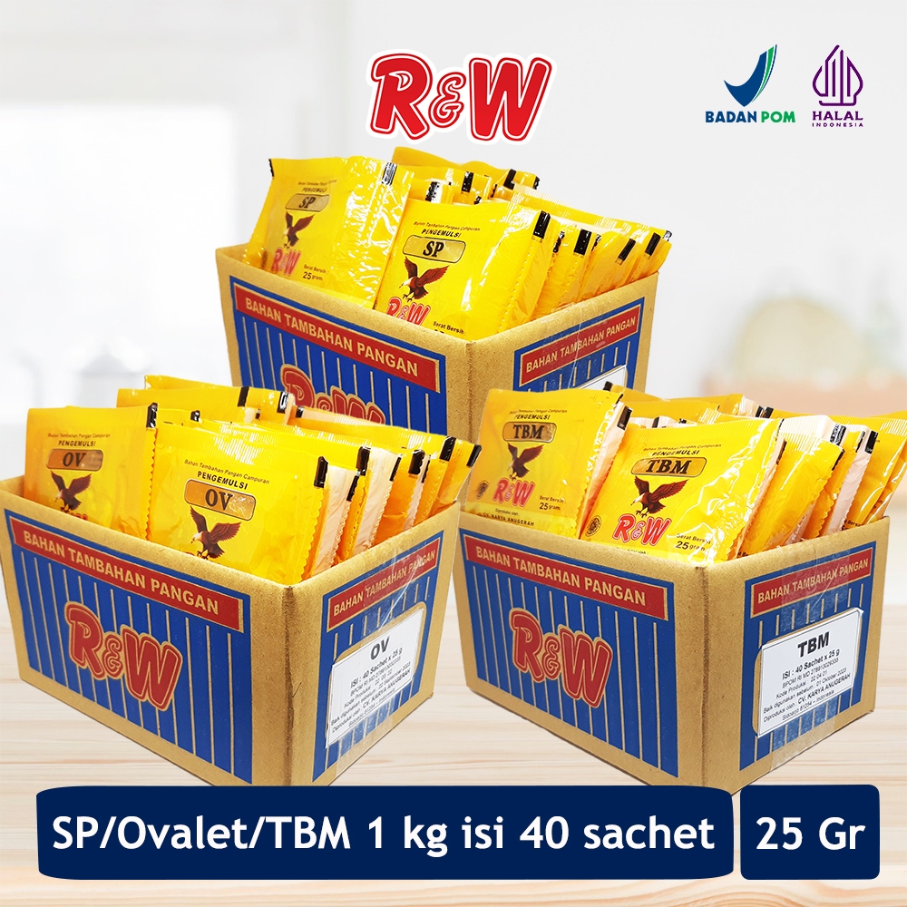 

Emulsifier SP Ovalet TBM Pengemulsi Pelembut Pengembang Kue Roti Rajawali R&W RW 1 Kg Dus Dos 25 gr isi 40 sachet