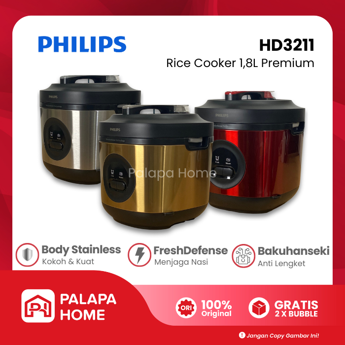 Philips Rice Cooker HD3211 1,8 Liter Panci Bakuhanseki Pot Penanak Nasi Low Watt Stainless Steel